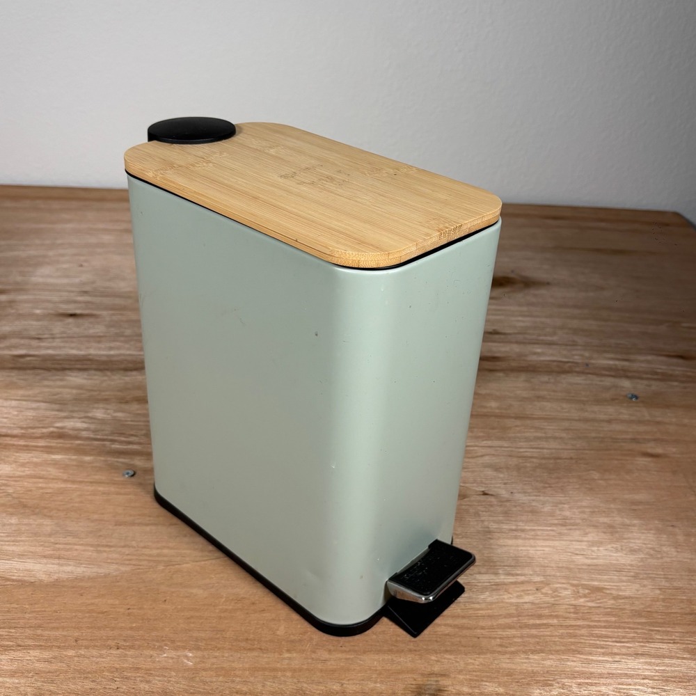 Sage Green Metal Slim Trash Can with Bamboo Lid and Foot Pedal Step Bin